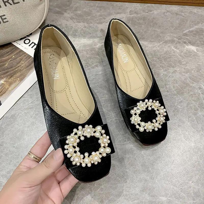 Fashion Pearl Woman Flats White Yellow Square Toe Shoes for Women High Quality Fashion Genuine Mark Casual Shoe Stylish on Offer 39 Sale