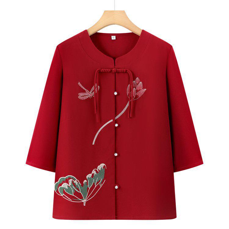 

Summer Thin Mid-Sleeve Shirt for Elderly Women and Grandma XL (80-105 jin) червоний
