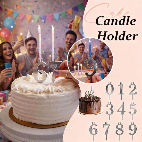 Number Candle Holder Set Reusable Silver Digital Birthday Cake Candle Holder 0-9 Numbered Cake Topper Decoration for Birthday Anniversaries