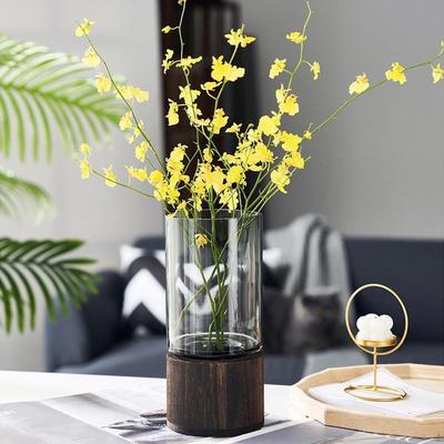 Cilindrische Bloemenvaas Knop Ornamenten Houten Basis Hoge Fles voor Bureau Woonkamer Eetkamer