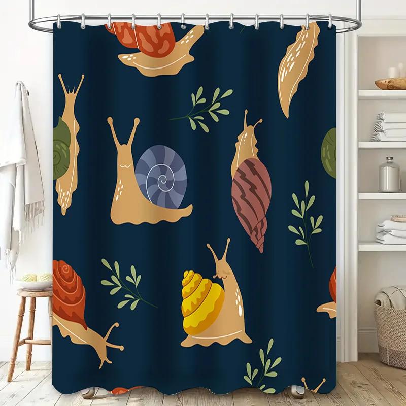 Snail Shower Curtain Bathroom Decor Waterproof Fabric Cartoon Animal Print Navy Blue with Multicolored Snails Perfect Gift for H