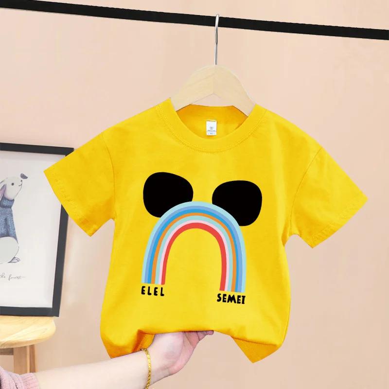 Summer Cotton Children Tshirt Cartoon Rainbow Smile Face Printed Korean Kids Tshirt Boys Girls Comfortable Short Sleeve Tee Top