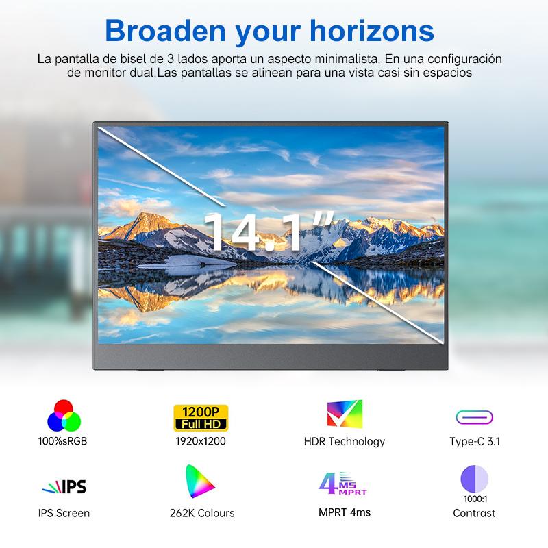 Hot Selling 14 Inch Portable Monitor with 1920*1200P for HD-MI Type C Screen IPS Panel LCD Backlit Portable Monitor Extension