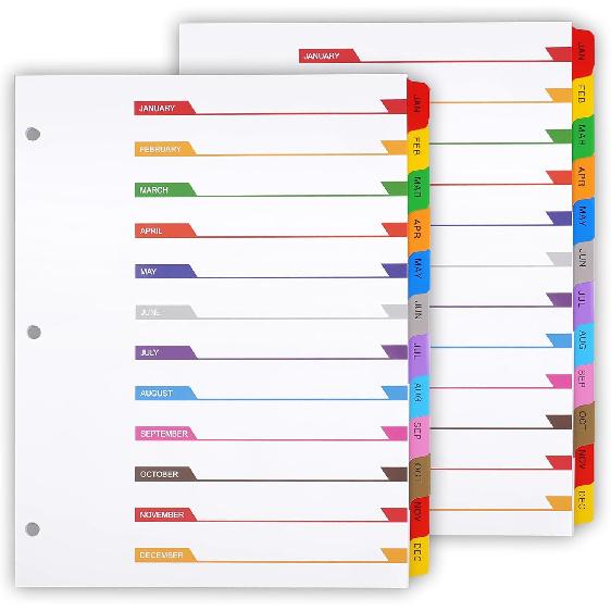 Monthly Binder Dividers for 3 Ring Binder, COIDEA Jan-Dec Dividers for 3 Ring Binder, 12 Tabs Multicolor Month Binder Dividers with izable Table of