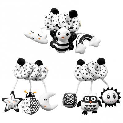 Baby Crib Toy CRIB Bed Stroller Stretch Spiral Plush Toys Cartoon Animal Crib Winding Rattles Black & White High Contrast Sensory Toy for Infant 0-12M