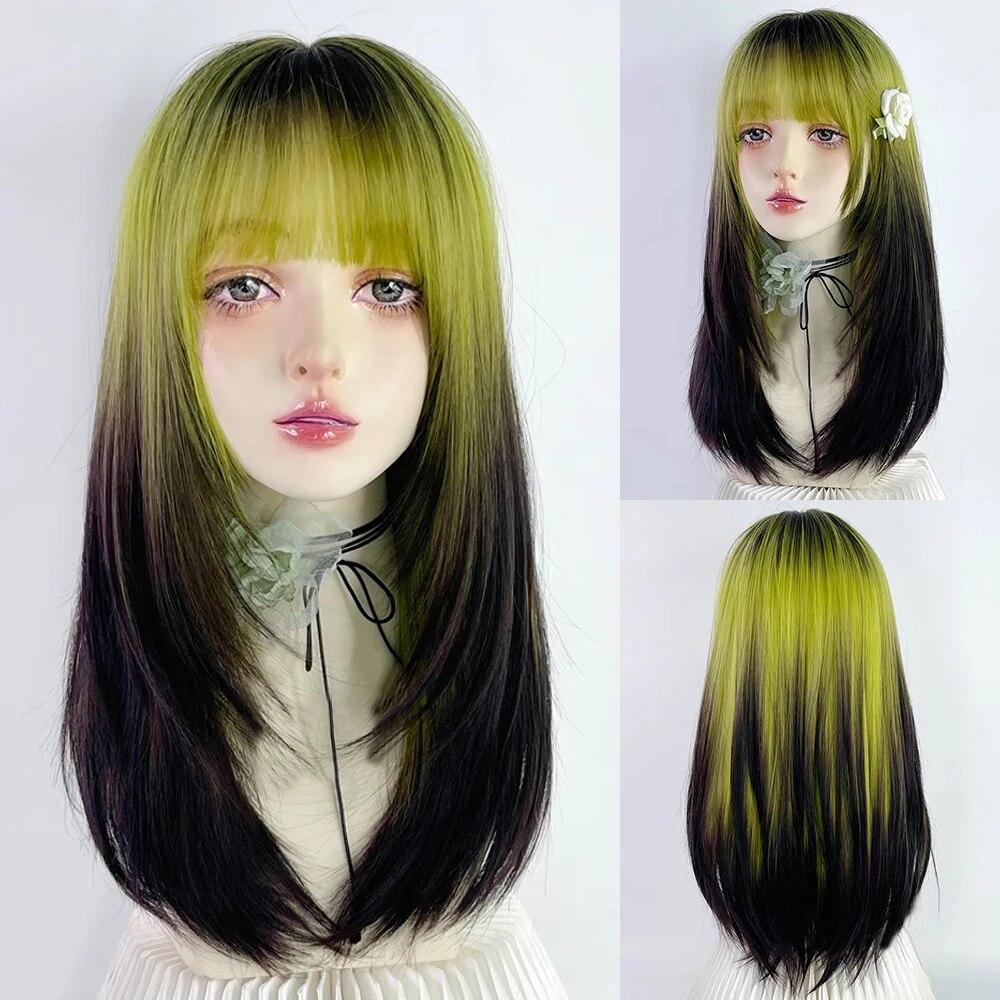 Long Straight Ombre Black Green Gradient Synthetic Women Wig with Bangs Lolita Cosplay Wig for Daily Party