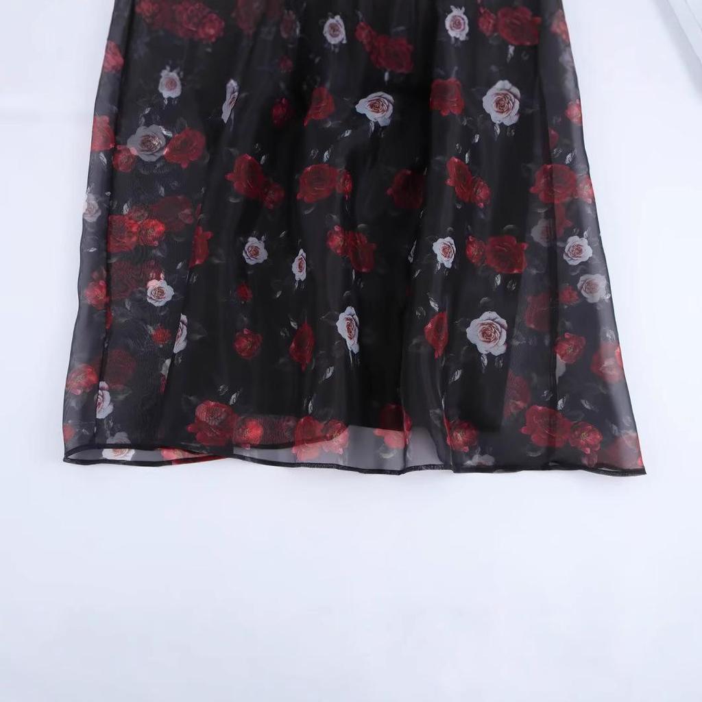 Spring 2025 Women's European & American Style French Bandeau Organza Print Long Dress