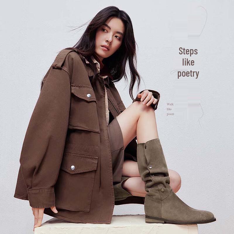 BASTO Women s Fashion Retro High-Top Chunky Heel Boots 38