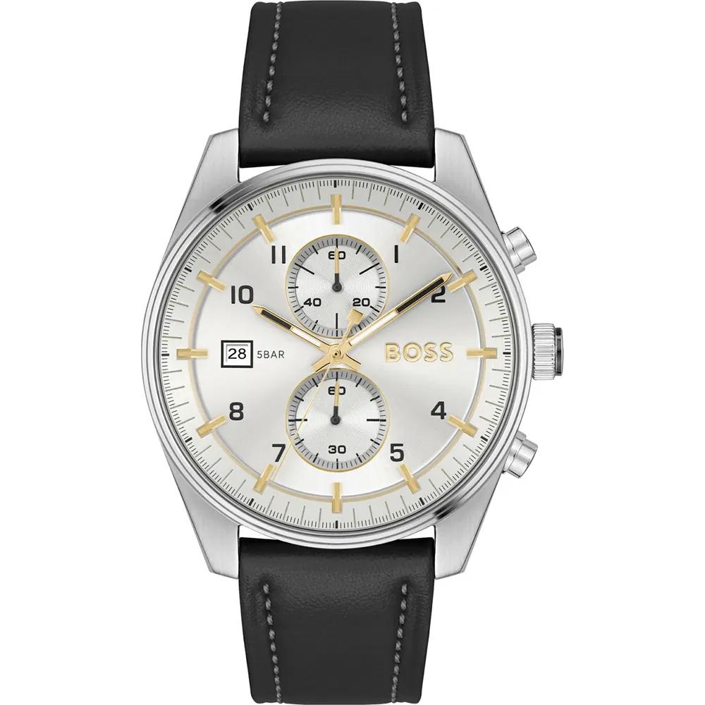 BOSS Skytraveller Silver Black Leather Men s Quartz Watch 1514147 серебряный