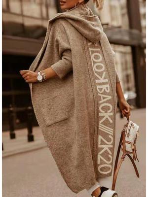 Cardigan de Malha de Comprimento Médio com Capuz e Design de Letras