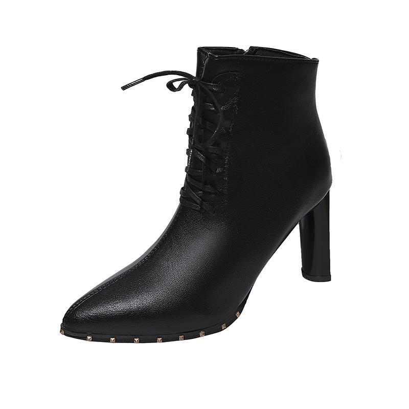 Fashion Naked Boots Winter New Pointed Toe Front Lace-Up Side Zipper Anti-Slip Wear-Resistant High Heels