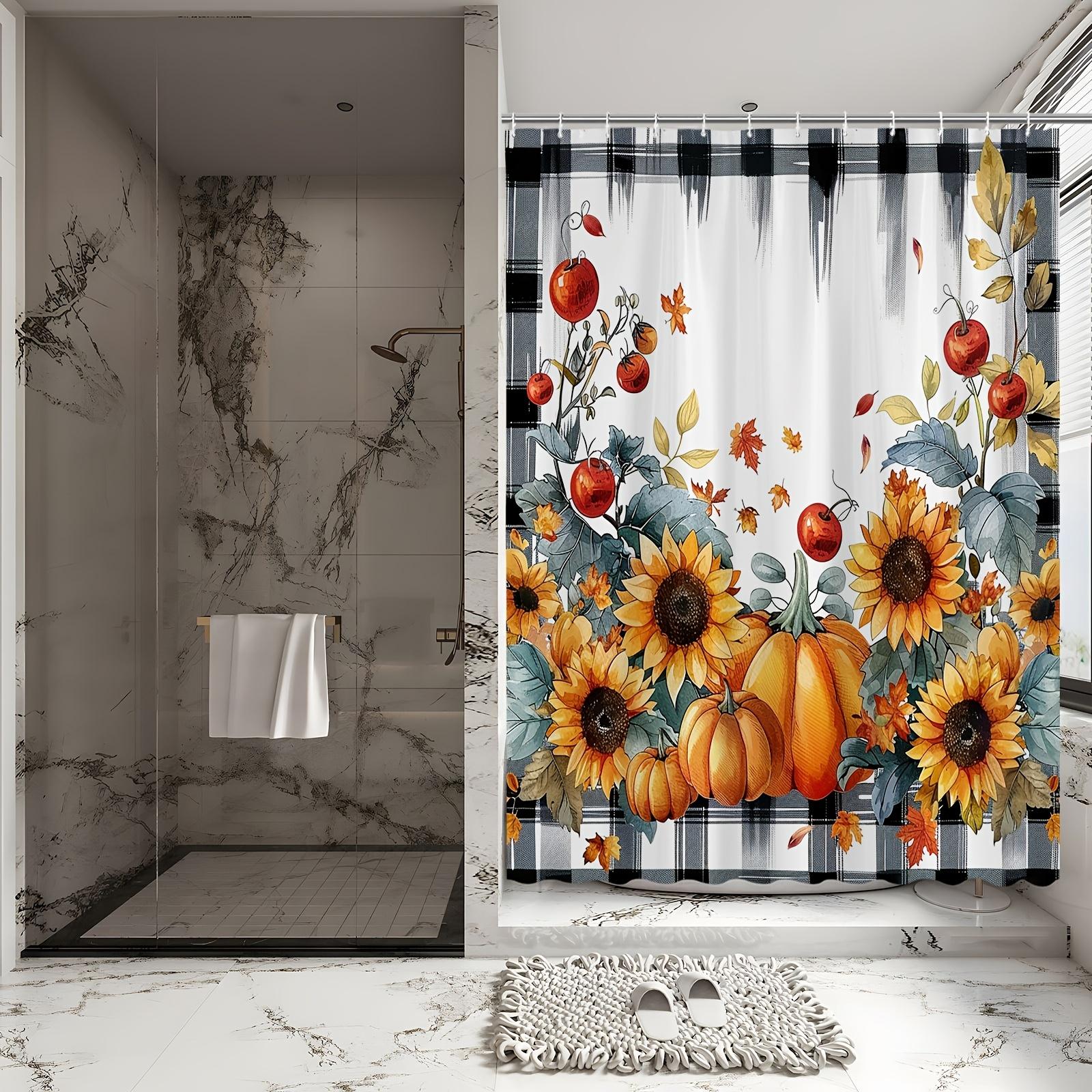 

Autumn Harvest Shower Curtain - Pumpkin Sunflower & Plaid Theme For Bathroom Decor, Adds Festive Warmth And Cozy Vibes W60H190(CM)-1 Pcs