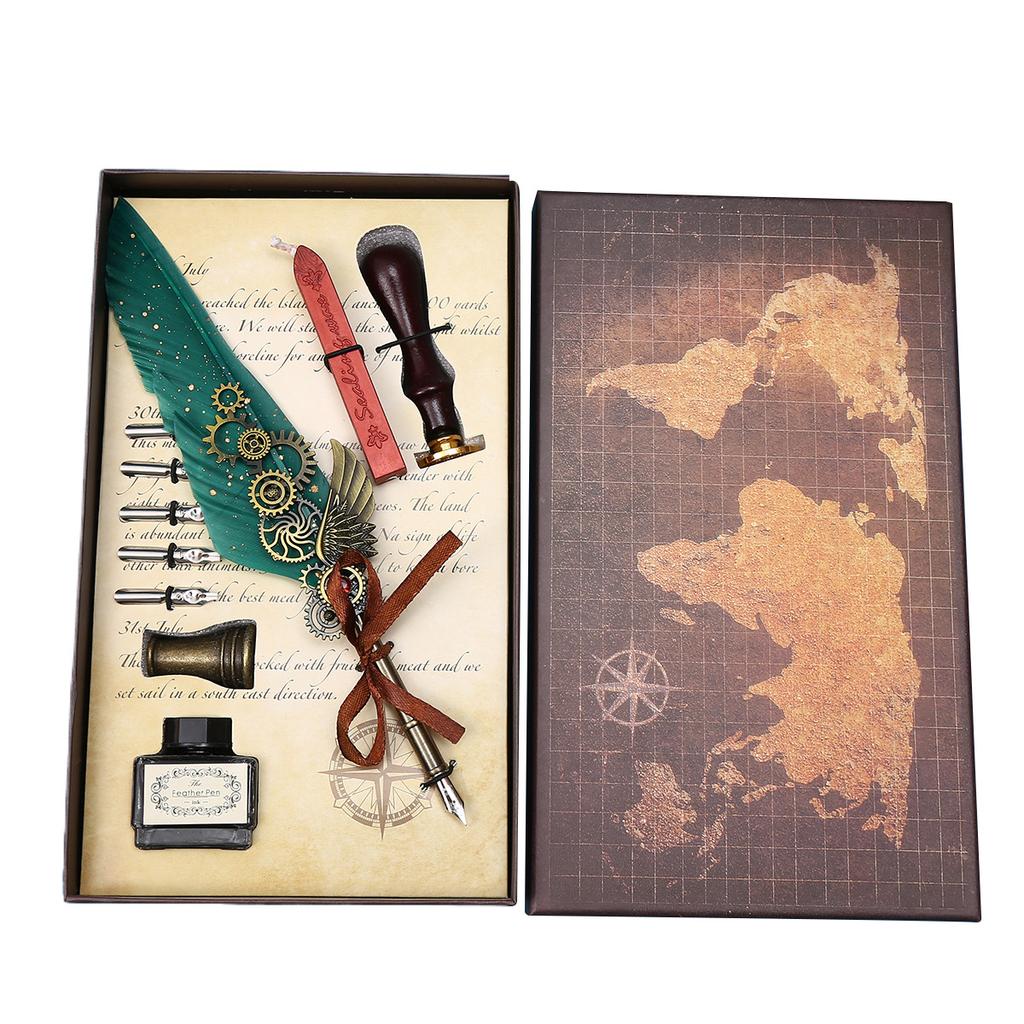 Retro Feather Pen Mechanical Feather Pen Steampunk Dip Pen Qixi Festival Gift Box Set Gift
