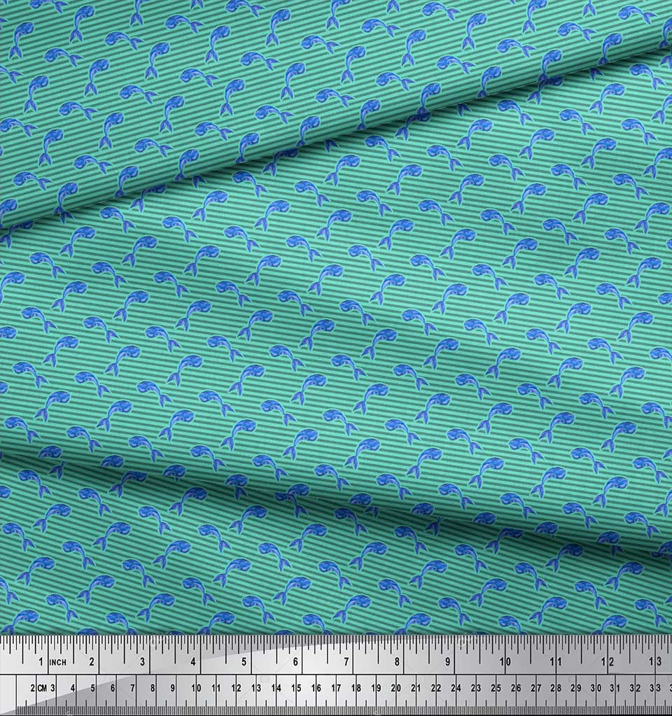 Soimoi Țesătură Satin Crep Verde Japonia Dungi & Pește Balenă Decor Ocean Imprimată Metru 42 Inch