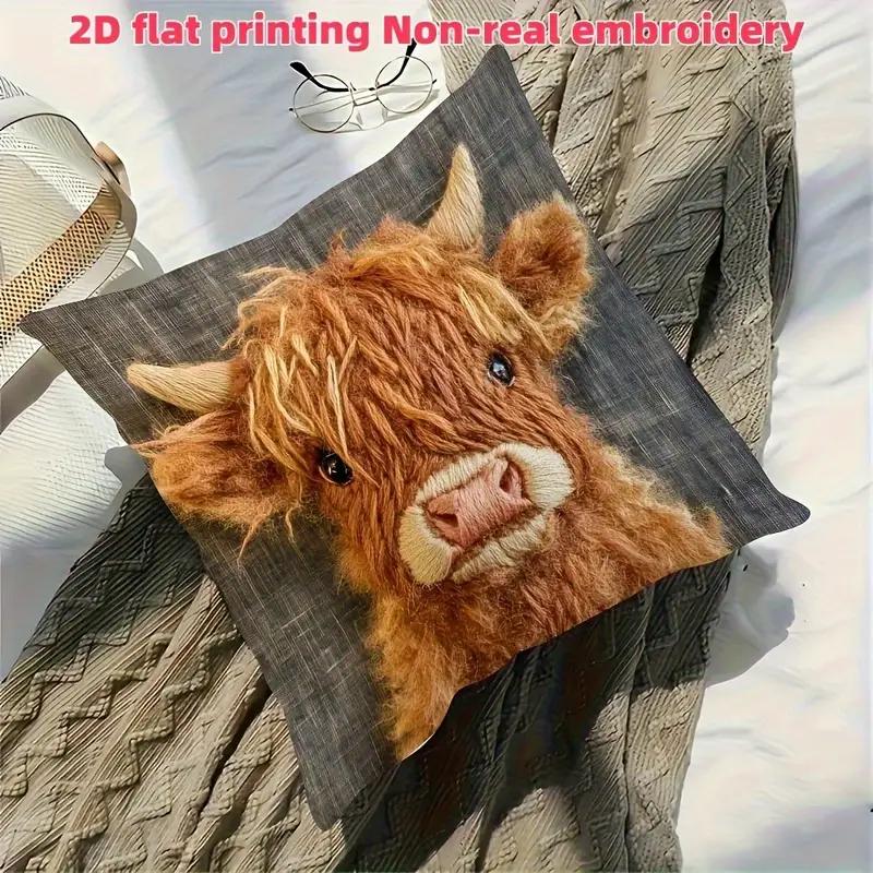 2D Flat Print Ultra Soft Short Plush Highland Cow Cute Decorative Pillow Cover, Non-Embroidered, Polyester Single-Sided Printing, Zipper Closure