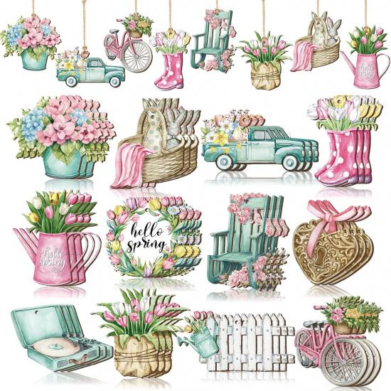 36 Pcs Pastel Spring Ornaments for Tree Wooden Flower Decorations Tulip Truck Watercolor Floral Hanging Decor Wood Spring Decor for Home Small Tree