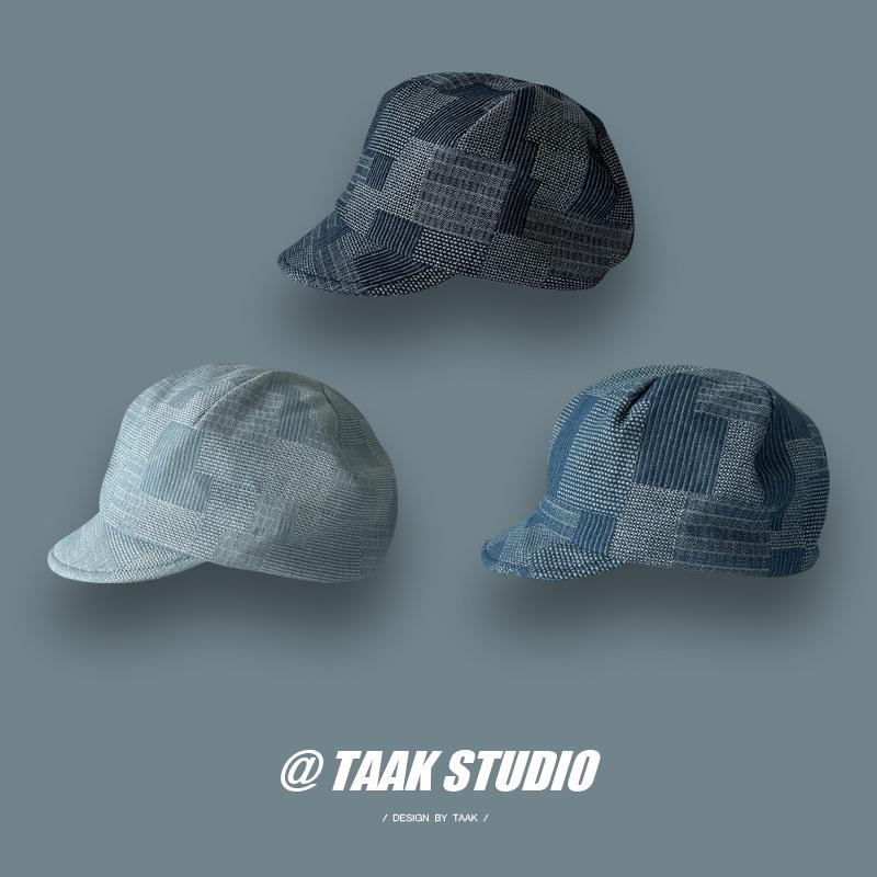 Vintage denim beret children's summer painter hat versatile face small literary octagonal hat newsboy hat