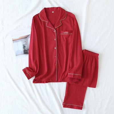 New Spring and Autumn Couple Knit Pajamas, Long-sleeved Trousers, Two-piece 100% Cotton Red Women's Home Clothes Suit