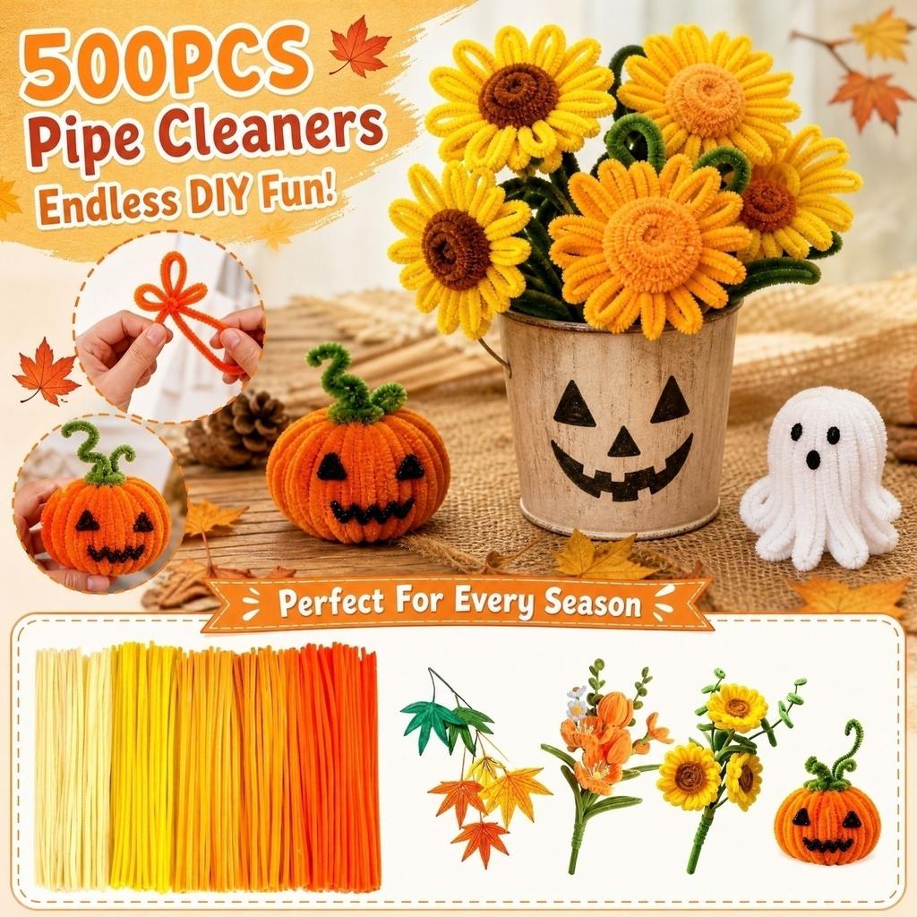500er-Pack Pfeifenreiniger, mehrfarbige Stiele für Kunst und Handwerk, DIY-Dekorationen für Halloween, Herbst, Weihnachten und Feiertagsbasteln