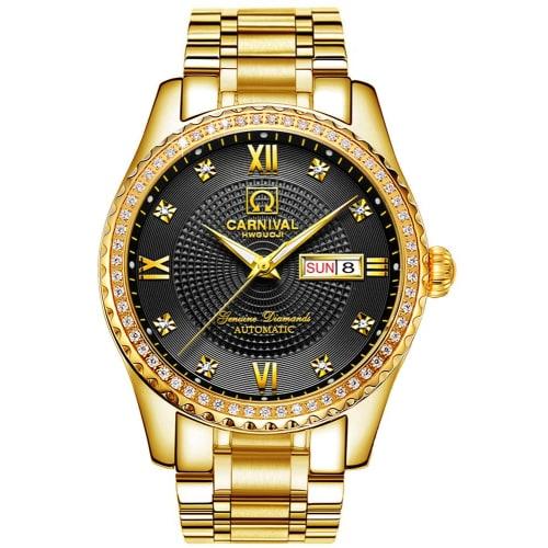 

Carnival Men s Automatic Watch, Full Gold Stainless Steel, Sapphire Crystal, Waterproof, Black, Gold/Black Dial.