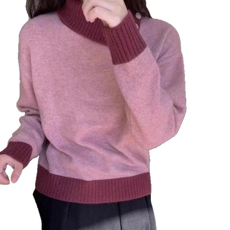 Loose soft waxy raspberry powder splicing pullover sweater women's autumn and winter lapel knit inner chic and beautiful top