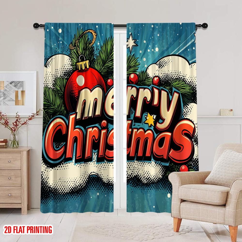 2pcs,2D Plane Printing Curtains Roller Blinds Christmas Pine Bauble Retro (2) 100% Polyester (without Rod) Home Decor for