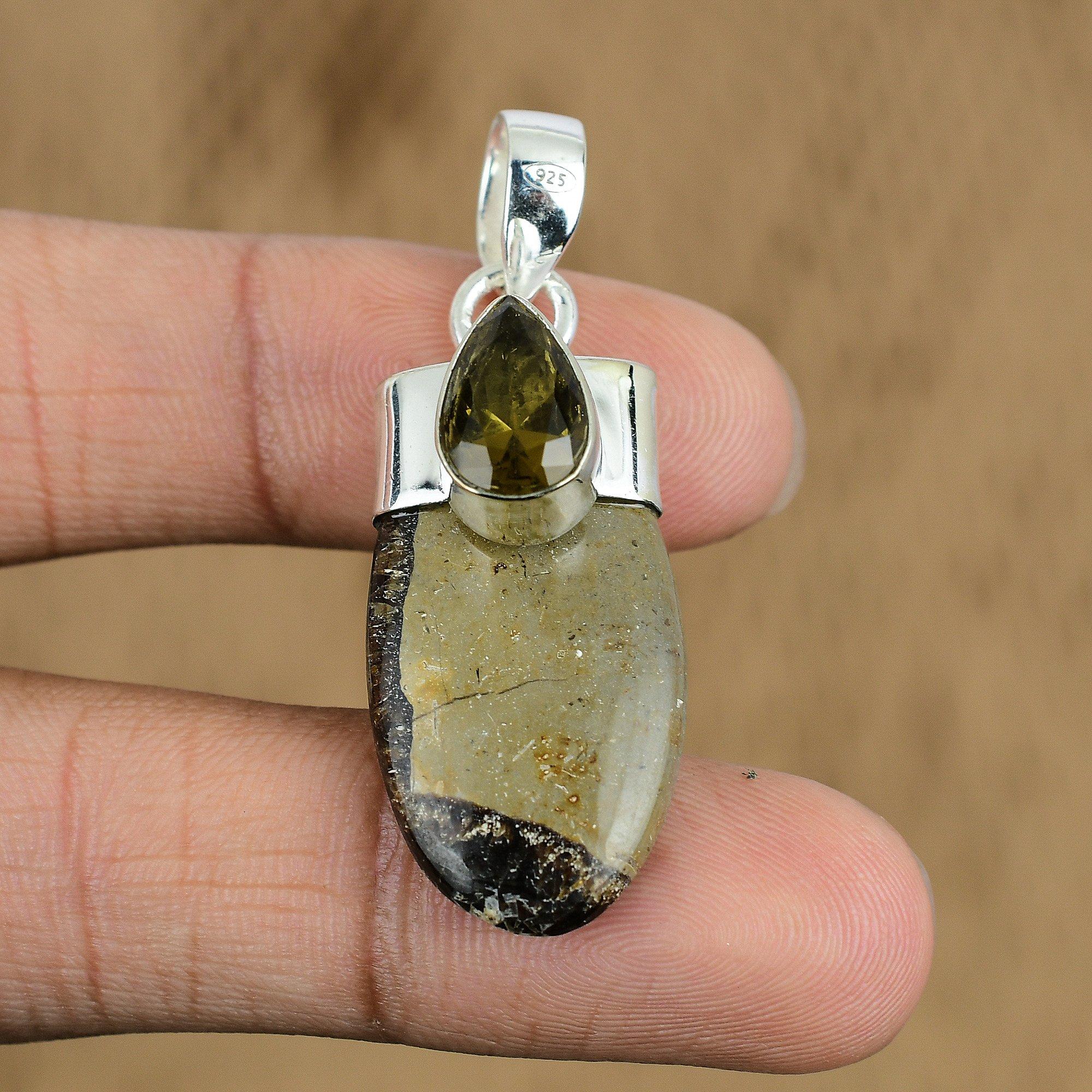 

Natural Septarian Gemstone Pendant Brown 925 Sterling Silver Indian Jewelry