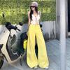 Womens High Waist Yellow Cargo Wide Leg Jeans Casual Loose Flare Denim Trousers Streetwear