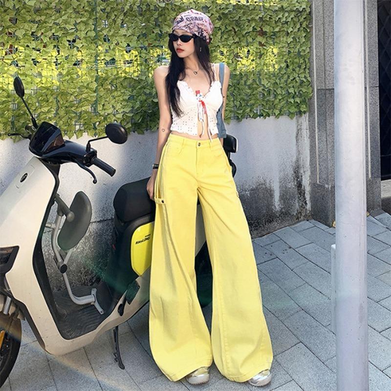 Womens High Waist Yellow Cargo Wide Leg Jeans Casual Loose Flare Denim Trousers Streetwear