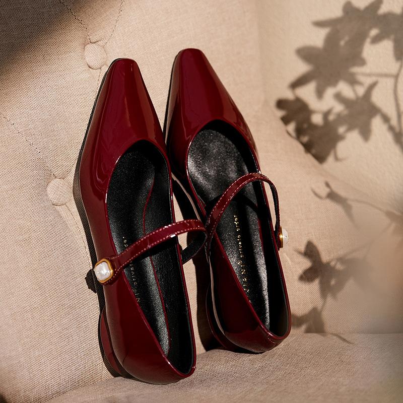 7318-29 Sheepskin French temperament simple word with Mary Jane shoes square head flat bottom low heel single shoes spring and autumn