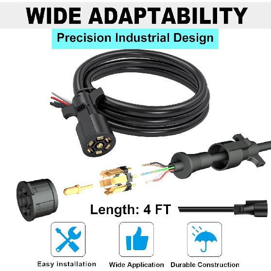 7 Way Trailer Cord,4FT Heavy Duty 7 Way Trailer Plug Inline Cord Wire Harness Cable Double Prongs Connector 7 pin Trailer Wiring Harness 4 Feet for