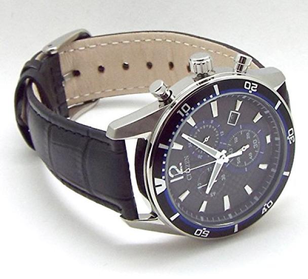 CITIZEN Eco-Drive Chronograph CITIZEN Solar Chronograph Genuine Leather Strap with Replacement Strap Blue Base Domestic Model Number VO10-6741F/BLACK