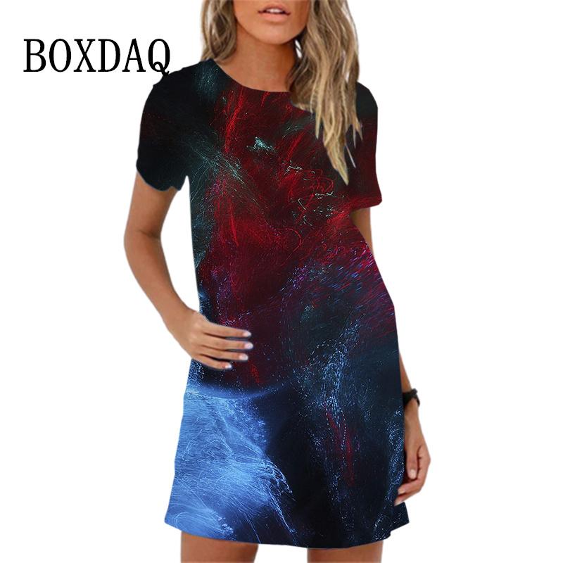 Colorful Feather Pattern Women Dress New Spring Summer Clothing Fashion Elegant Short Sleeve O-Neck Gradient Print Dresses