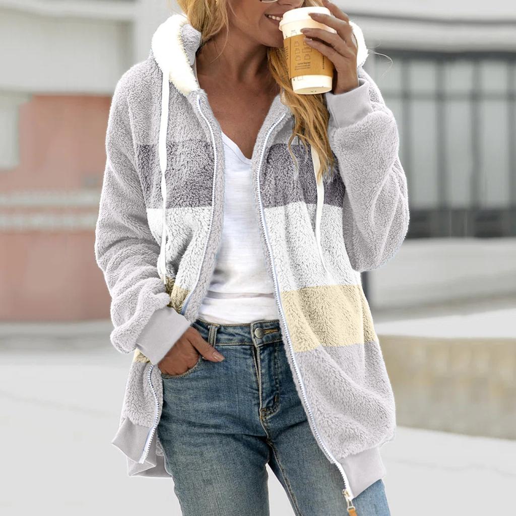 Women Color Block Fuzzy Fleece Hooded Jacket Full Zip Long Sleeve Plush Coat Casual Warm Outerwear S-5XL