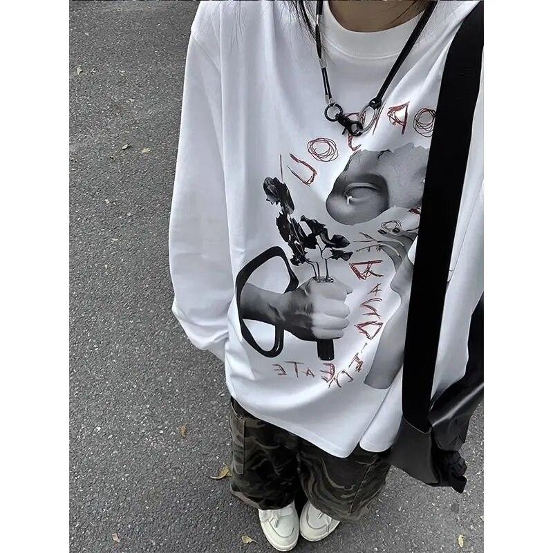 2KWEIRD High Street Oversize Women Camisetas White Vintage Long Sleeve Letter Hand-Painted Tshirts Hiphop Grunge Tops Y2k Tees American