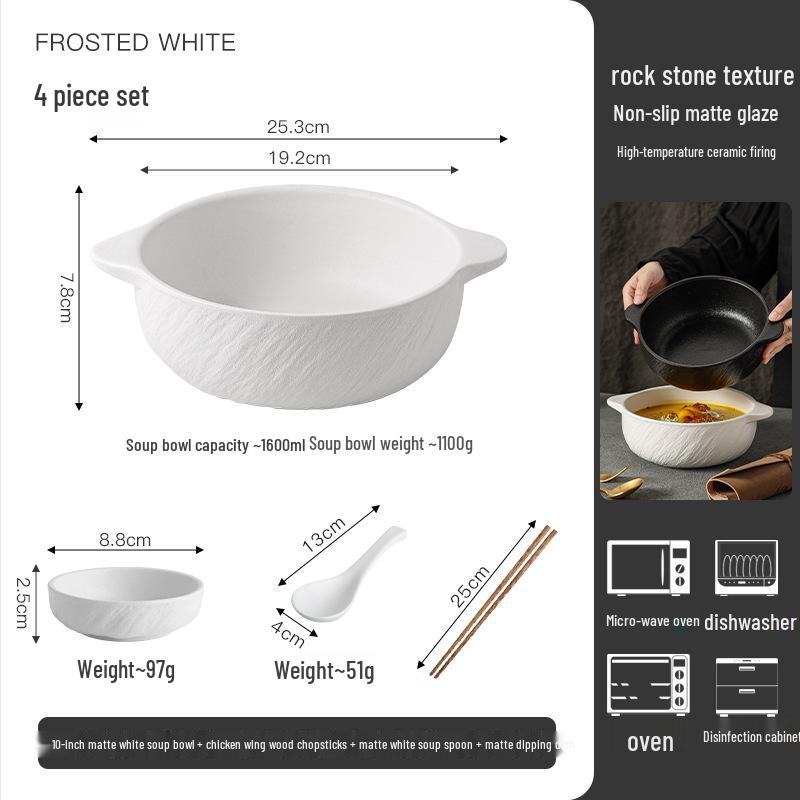 White Double-Ear Ceramic Soup Bowl, Large Noodle/Fish Basin, Anti-Scald, High-End Feel for Home Use