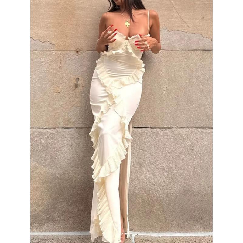 Sexy krajka dlouhé šaty dámské volánkové sestřihy s vysokým pasem ohlávkové šaty bez rukávů jaro léto dáma vestidos
