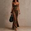 European and American Style Printing V-neck Waist with Slim and Thin Temperament Fishtail Skirt Fashionable and Elegant Long Dress