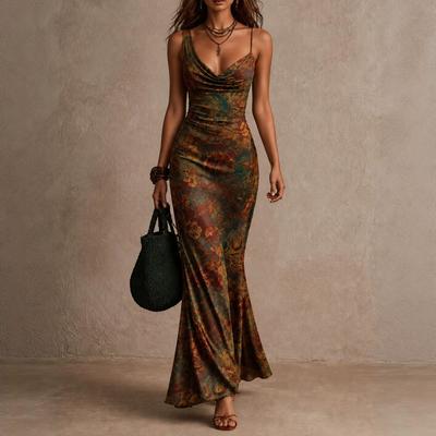 European and American Style Printing V-neck Waist with Slim and Thin Temperament Fishtail Skirt Fashionable and Elegant Long Dress