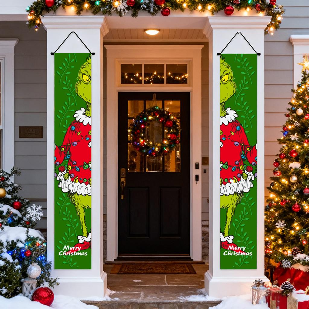 New Arrival! 30*180cm Christmas GreenGhost Couplets - Polyester,Durable& Eye-catching Design for Home & Cafe Decoration.