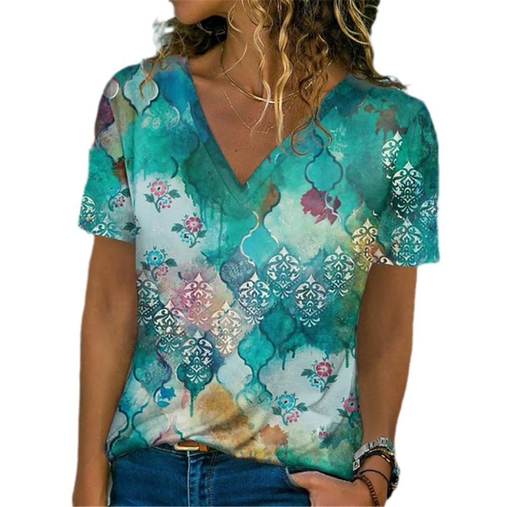 Summer new women's T-shirt 3d retro gradient floral print V-neck short-sleeved shirt fashion T-shirt clothing