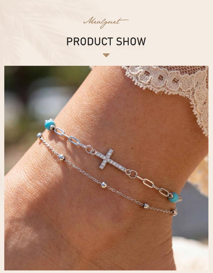 Türkisfarbener Knöchelkettchen, Doppellagige Fußkette mit Kreuz aus Edelstahl, Sommer Strand Schmuck für Damen Anlaufgeschützt Ästhetischer Schmuck