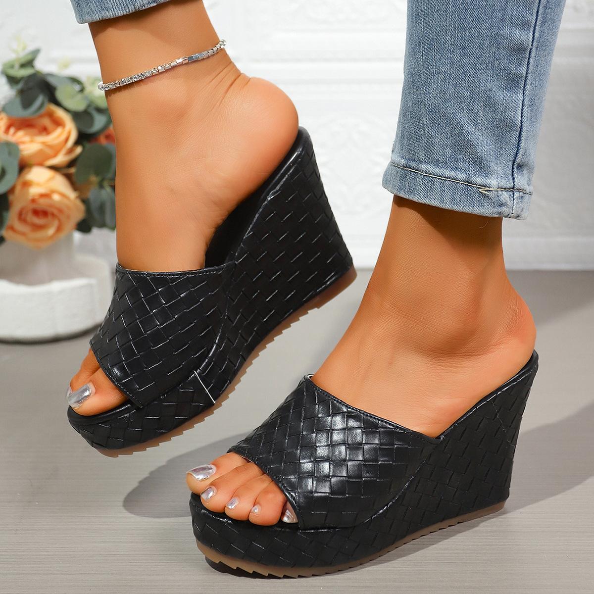 

Супер высокие каблуки женские крутые тапочки толстый каблук супер высокий каблук рыбий носок плетеный узор водонепроницаемые стол квадратный носок верхняя одежда женщины 42 чёрный