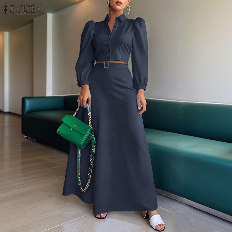 ZANZEA Women Sets Long Sleeve Blouse and Pleated Skirts Casual Two Piece Suit