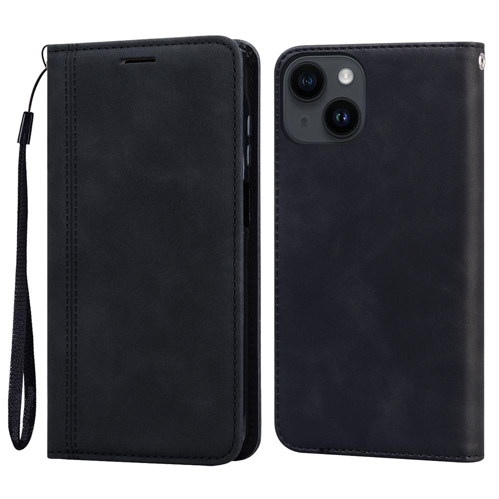 For iPhone 15 Case Business Style Magnetic Closure Leather Phone Cover with Strap