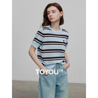 Chuyu Women's 2025 Summer Ice-Cool Striped Embroidered Knit Top