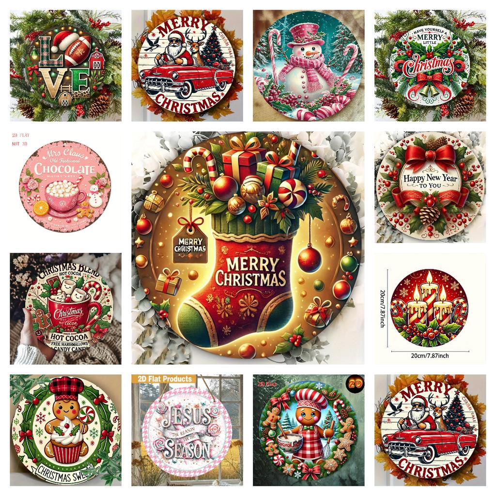 Vintage Christmas D Relief Art High Definition Metal Wall Art Set of Retro Round Iron Sheet Decor Includes Santa Truck Sno