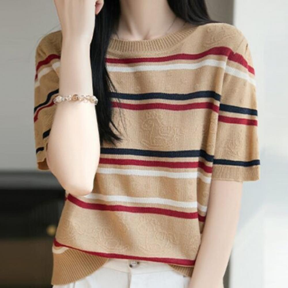 Navava Men Casual STripe Round Neck ShorT Sleeve KniT T shirT Nk3622