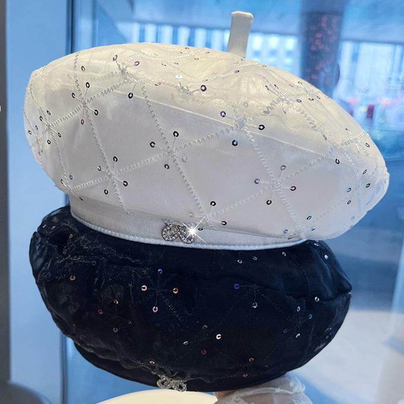 New retro sequined rhinestone butterfly mesh beret women's spring and summer fashion versatile face small painter hat