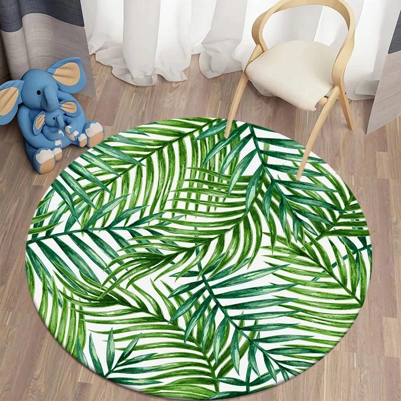 Hawaiian Tropical Leaves Round Carpet Living Room Chair Floor Mat Non-Slip Area Rug for Balcony Table Bedside Sofa Home Decor